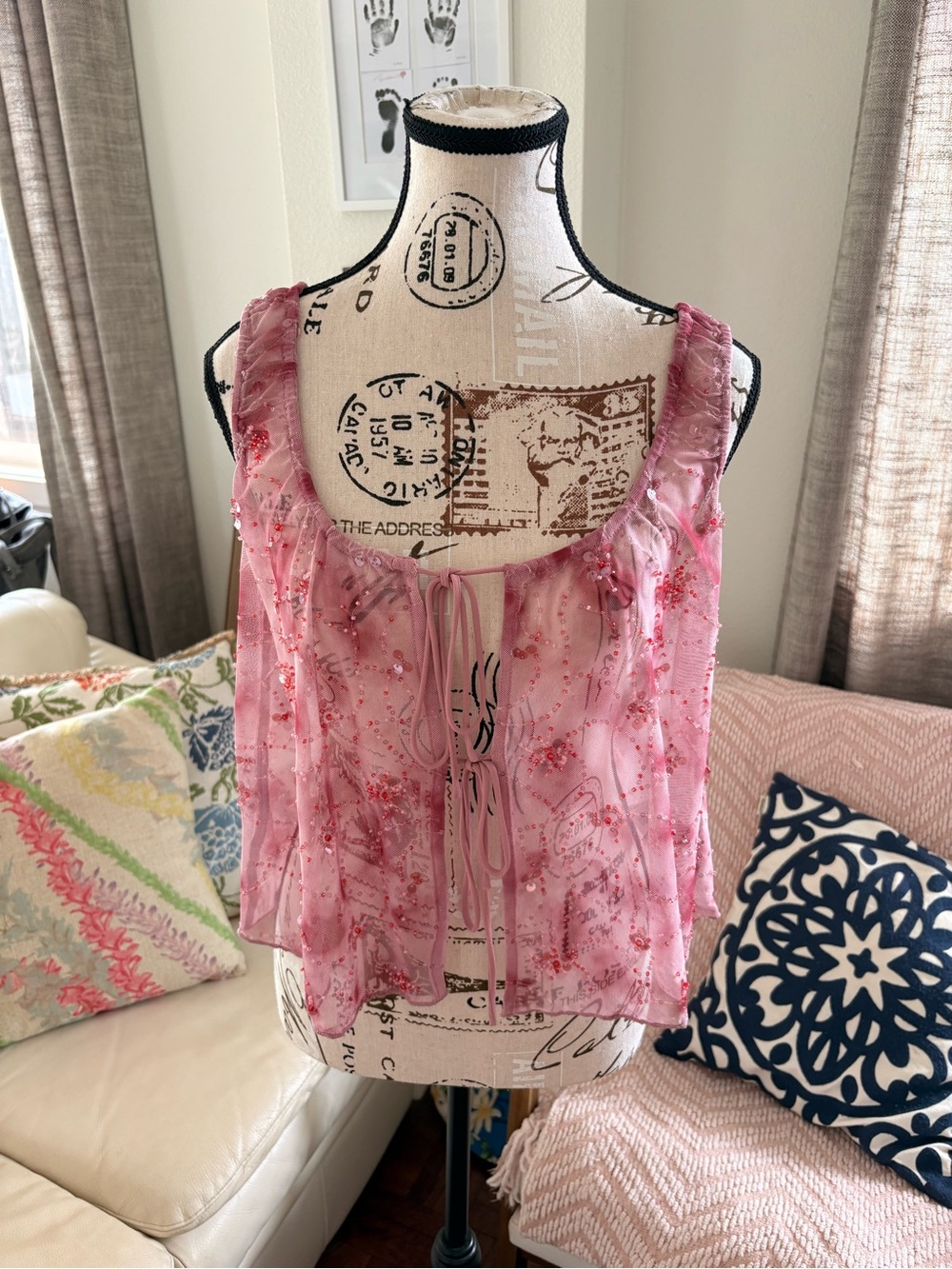 NWT Zara Pink Sheer Floral Tie-Front top